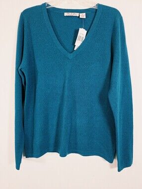 NWT Olivia & Grace 100% Cashmere V-Neck Sweater Dark Turquoise XL 2-Ply Knit